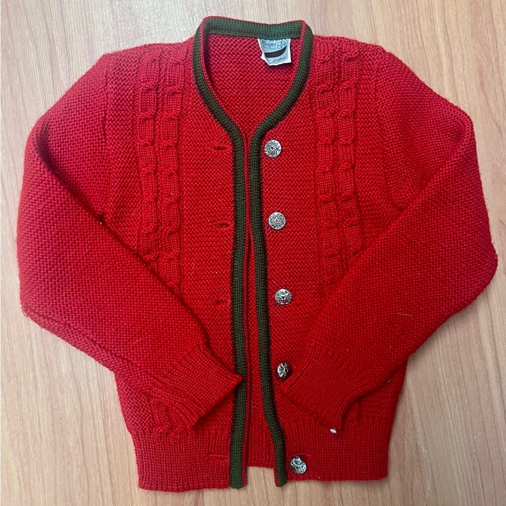 Kids Vintage Red Knit Cardigan with Green Trim